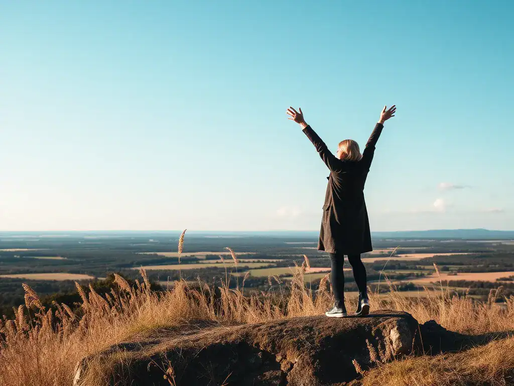 Vrouw op bergtop met open armen — rust en perspectief