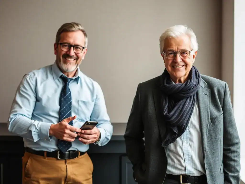 Twee mannen op latere leeftijd in professionele setting, symbool voor loopbaanreflectie